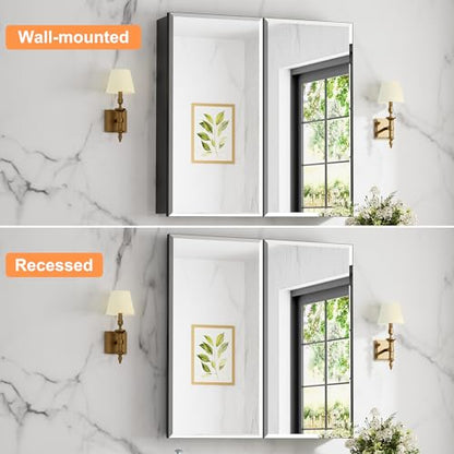 30x30 Inch Medicine Cabinet with Beveled Mirror, Aluminum Medicine Cabinet | Double Side Mirror Door, Adjustable Shelves, Soft-close Hinge, Surface or Recessed Mount Bathroom Mirrors with Storage - size: 30 in. x 30 in.