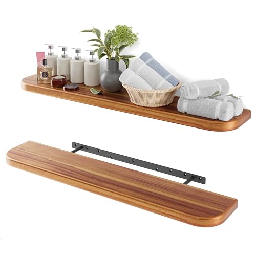 BATODA 36" Acacia Wood Floating Shelves Wall Mounted (Round Edge) – Rustic Farmhouse Wooden Wall Storage Shelf for Bedroom, Kitchen - Brackets and Shelving Hardware Included (Acacia,36 Inch Length) | Acacia Wood, Floating Effect, Hidden Brackets, Easy Ass