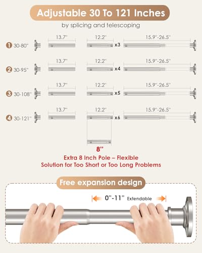 Nickel Tension Shower Curtain Rod 30-96 In (8ft) 1.1" Diameter Stainless Steel, Rustproof Heavy Duty, No Drilling Adjustable Room Divider for Bathroom Window Patio Closet - color: Nickel, size: 30-96''
