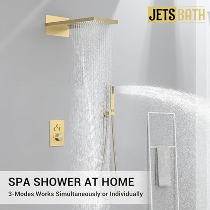 Thermostatic Shower System, Waterfall Shower Head(Brushed Gold) | 22-Inch Rain & Waterfall Large Shower Head, High Pressure Handheld Sprayer, 3 Modes Push Button Valve - color: Brushed Gold