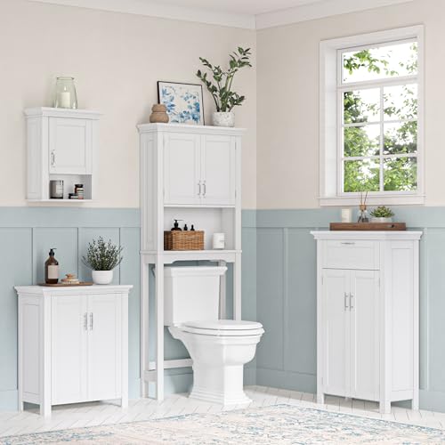 RiverRidge Somerset Single Door Wall Mount Medicine Cabinet, White | Bathroom Wall Storage Cabinet Shelf with Open Display Shelf, Two-Tone Handle and Coved Top Detailing