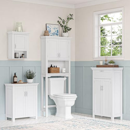 RiverRidge Somerset Single Door Wall Mount Medicine Cabinet, White | Bathroom Wall Storage Cabinet Shelf with Open Display Shelf, Two-Tone Handle and Coved Top Detailing