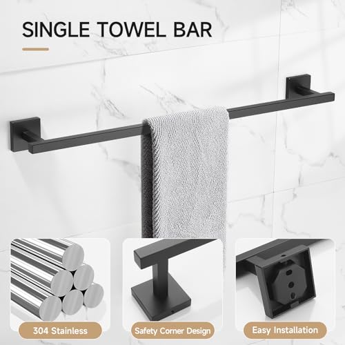 TQKAG Matte Black Bathroom Hardware Accessories Set 10 Pieces, 23.6" SUS304 Stainless Steel Towel Bar Set Wall Mounted Includes Single Towel Bar, Towel Ring, Toilet Paper Holder, Double Towel Hooks - color: Matte Black, size: 10-Pieces Set