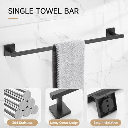 TQKAG Matte Black Bathroom Hardware Accessories Set 10 Pieces, 23.6" SUS304 Stainless Steel Towel Bar Set Wall Mounted Includes Single Towel Bar, Towel Ring, Toilet Paper Holder, Double Towel Hooks - color: Matte Black, size: 10-Pieces Set