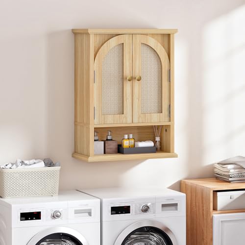 HOOBRO Arched Rattan Wall Cabinet for Bathroom, Over Toilet Storage Cabinet with Doors and Open Shelf, Farmhouse Medicine Cabinet with Adjustable Shelf for Bathroom Kitchen, Natural