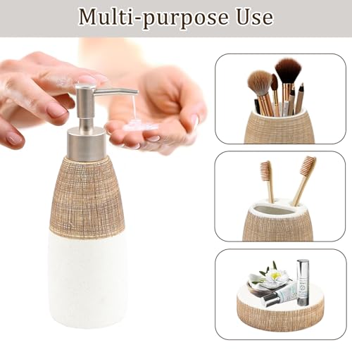 CERBIOR Bathroom Accessories Set,4 PCS Ceramic Bath Accessory,Brown White | Includes Toothbrush Holder, Toothbrush Cup, Soap Dish for Decorative Countertop and Housewarming Gift - style: White-Brown