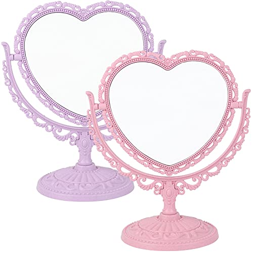 AKOAK Heart-Shaped Cosmetic Mirror, Purple | Plastic, Double-Sided, Rotatable, Lightweight - color: Purple