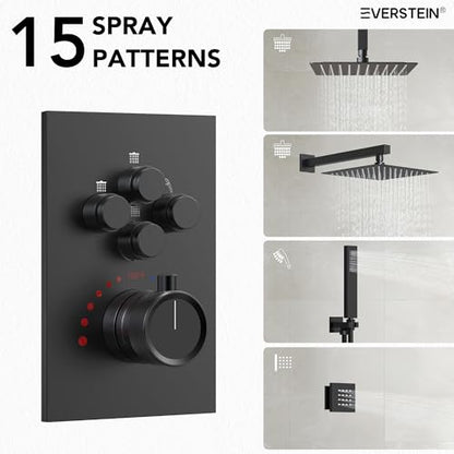 12" High-Pressure Rainfall Shower Faucet with Valve for Bathroom, Dual Rainfall Shower Head System with 6 Body Jets (Matte Black) | High-Pressure, Dual 12" Rainfall Shower Head System, 6 Body Jets, Rough in-Valve - color: Matte Black