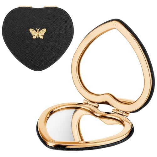 Qianyu Heart Shaped Double-Sided 1X/2X Magnifying Mirror, Compact Folding PU Leather Makeup Mirror, Ultra-Portable for Women Home Office Travel - color: Black
