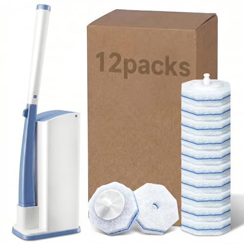 ROUNDSQUARE Disposable Toilet Bowl Cleaner with 12 Disinfecting 5X Power Refill Heads, Toilet Bowl Cleaner Wands, Storage Caddy, Toilet Cleaning System Starter Kit