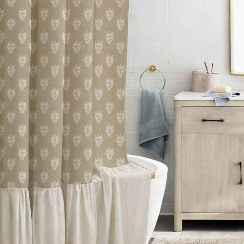 ORTIGIA Linen Textured Ruffle Shower Curtain with Metal Hooks, Brown Vintage Block Print Floral Boho Waterproof Bath Curtain for Rustic Farmhouse Bathroom Decor 72x72 Inch - color: Ruffle Block Print-brown, size: 72"W x 72"L (Pack of 1)