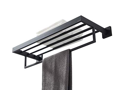 Towel Rack, Towel Shelf for Bathroom, Square Modern Hotel Style Towel Rack with Shelf, 24Inch, Matte Black, Wall Mounted, No Assembly, 071100-MB Les Series
