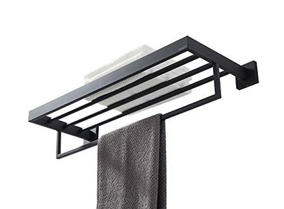 Towel Rack, Towel Shelf for Bathroom, Square Modern Hotel Style Towel Rack with Shelf, 24Inch, Matte Black, Wall Mounted, No Assembly, 071100-MB Les Series