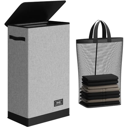 SOLEDI Slim Laundry Hamper with Lid, Narrow Laundry Basket with Removable Bags, Dirty Clothes Hamper with handle, Small Hamper perfect for Laundry room, Bathroom, Bedroom, Small spaces. 70L Grey - color: Grey, size: 70L