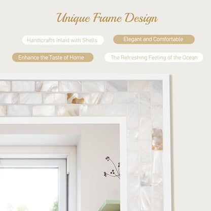 White Framed Rectangle Bathroom Mirror 24x36 Inch | Mother of Pearl Mosaic Frame, Tempered Glass, Horizontal/Vertical Hanging, Bathroom Bedroom Living Room Decor - size: 36"L x 24"W