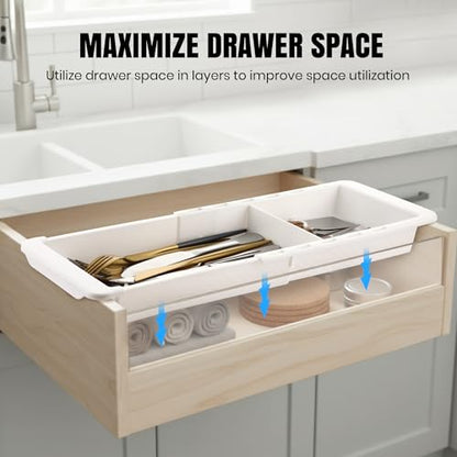 Enhon Deep Drawer Organizer Bins, Expandable Kitchen Tray | Adjustable Sliding Bins, Utensil BBQ Tool and Towel Storage, Kitchen Drawer Organization