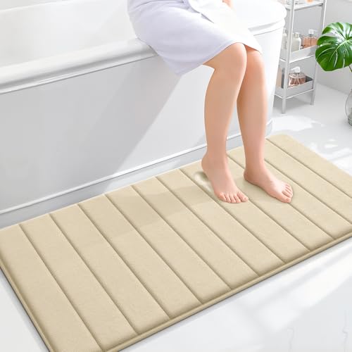 OLANLY Memory Foam Long Bathroom Rugs Runner 47x24, Super Soft Absorbent Bath Mat, Quick Dry, Machine Washable Shower Floor Rugs, Bathmat Carpet, Bathroom Home Decor Accessories, Beige - color: Beige, size: 47" X 24"