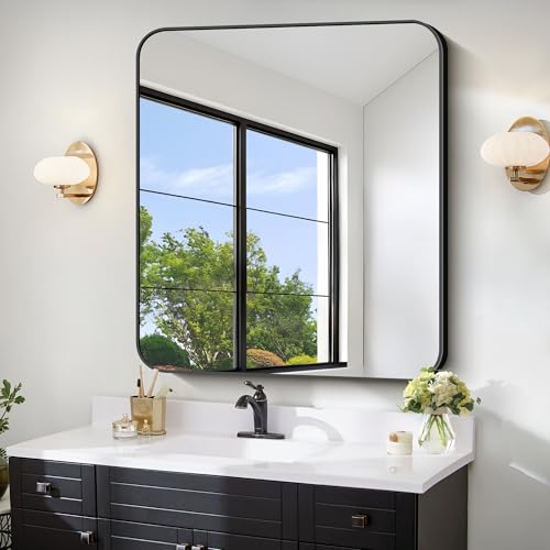 FORBATH Bathroom Mirror 36x40 Inch, Large Rectangular Wall Mirror with Black Aluminum Frame, Rounded Corners, Horizontal or Vertical Mount for Bathroom, Bedroom, Entryway - color: Black, size: 40"L x 36"W