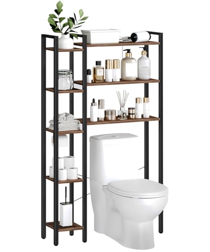 HOOBRO Over The Toilet Storage, 8-Tier Bathroom Organizer Over Toilet Shelf, Storage Rack Above Toilet Stand, Freestanding Space Saver, Toilet Paper Holder, Rustic Brown and Black BF86TS01