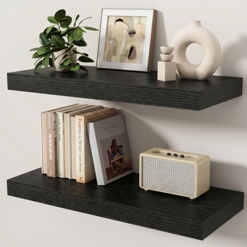 Floating Shelves for Wall, 24 Inch x 8 Inch Deep Wall Mounted Wood Shelf with Invisible Brackets for Storage & Display, Living Room Bedroom Kitchen, Black, Set of 2 - color: Black, size: 24 Inch, Set of 2