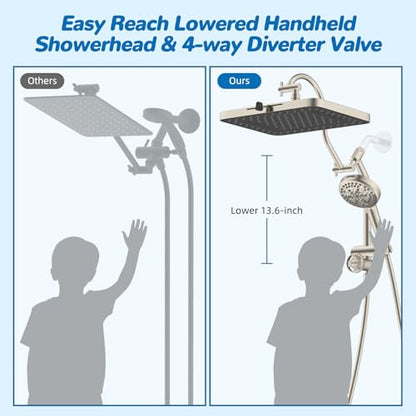 Hibbent cUPC Certified High Pressue 13'' Rainfall Shower Head with 5-Spray | Shower Heads with Handheld 10-Spray Combo, All Metal Easy Reach 4-way Diverter Arm, 71'' Hose & Holder, Brushed Nickel - color: Brushed Nickel, style: Square 13"