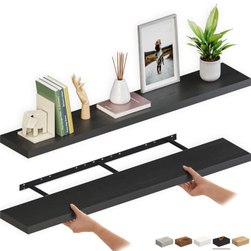 Ballucci Floating Shelves for Wall, 60" Wood Wall Shelf Set of 2, with Invisible Brackets for Bathroom, Living Room, Bedroom, Kitchen, Nursery, 8" Deep, Black - color: Black, size: 60 inches