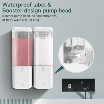 Shampoo and Conditioner Dispenser 2 Chamber No Drill Shampoo Dispenser for Shower Wall Mounted Shower Soap Dispenser 2 * 500ml Refillable Shower Dispenser for Bathroom Hotel,White - color: White-clear-2