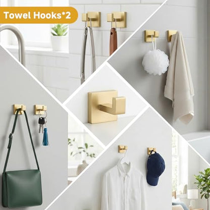 5-Piece Brushed Gold Bathroom Accessory Set, 16 Inch Bathroom Hardware Set, Towel Racks for Bathroom, SUS304 Stainless Steel Wall Mounted Bath Towel Bar Set - color: F-16 Brushed Gold