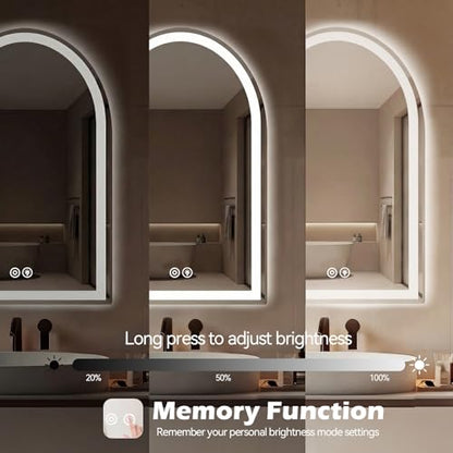 Sweetcrispy 24x 36 Inch Arched LED Bathroom Backlit Mirror with Lights | Vanity Wall Mirrors with Anti-Fog, Dimmable, 3-Color Light, Memory Function, Tempered Glass