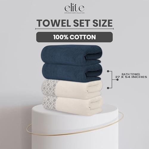 ELITE 4 Pack Luxury Jacquard Bath Towel Set – 100% Cotton, 600 GSM Ultra Soft & Absorbent Towels – Elegant Floral Pattern – 4 Large Bath Towels 27"x54" for Bathroom, Gift Spa & Hotel (China Blue) - color: China Blue