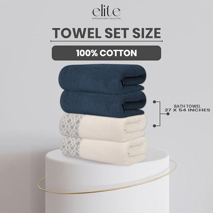 ELITE 4 Pack Luxury Jacquard Bath Towel Set – 100% Cotton, 600 GSM Ultra Soft & Absorbent Towels – Elegant Floral Pattern – 4 Large Bath Towels 27"x54" for Bathroom, Gift Spa & Hotel (China Blue) - color: China Blue