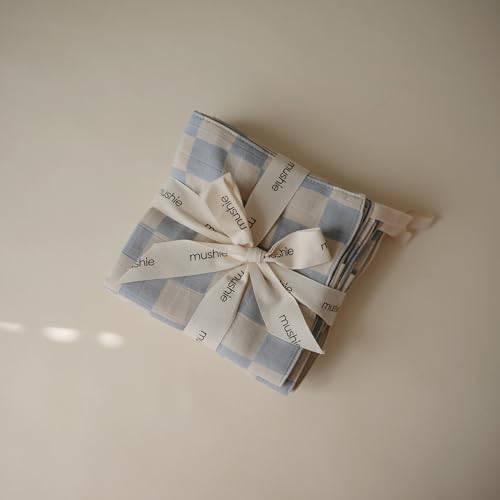 mushie Muslin Organic Cotton Washcloths 5-Pack (Blue Check Combo) | Soft Wipes for Baby Cleanups and Bathing - color: Blue Check Combo