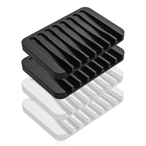 4-Pack Self Draining Soap Dish for Shower Bathroom Waterfall Silicone Soap Saver Tray Sponge Holder for Kitchen Sink Non-Slip Easy Clean (Black and White) - color: Black and White