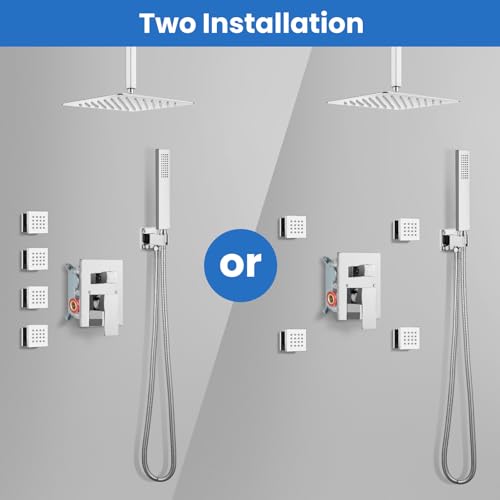 gotonovo Ceiling Shower System with 4pcs Full Body Jets,Polished Chrome | SUS304 12’’ Rain Shower Head with Handheld Spray,Brass Body Message Jets,Ceiling Mount,Rough-in Valve and Trim Kit,All Metal - color: Chrome