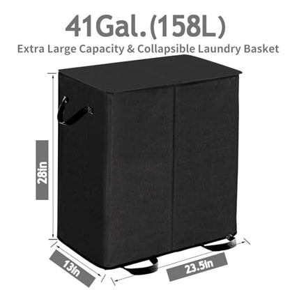 Double Laundry Hamper with Lid and Removable Bags, Laundry Basket 2 Section, Double Hampers for Laundry, Large Divided Hamper, Dual Laundry Hamper 2 Section with Handles Dorm 140L Black
