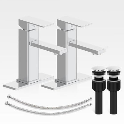 Bathroom Faucet-2 Sets, Bathroom Sink Faucets with Pop-up Drain and Deck Plate, Stainless Steel Faucets for Sink 3 Hole, Single Handle Vanity Faucet for Vessel, Chrome - color: 3.Chrome Polished, style: Short*2