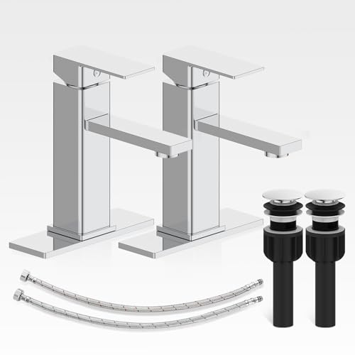 Bathroom Faucet-2 Sets, Bathroom Sink Faucets with Pop-up Drain and Deck Plate, Stainless Steel Faucets for Sink 3 Hole, Single Handle Vanity Faucet for Vessel, Chrome - color: 3.Chrome Polished, style: Short*2