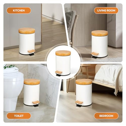 Small Bathroom Trash Can with Natural Bamboo Lid Soft Close，3 Liter / 0.8 GallonStainless Steel Garbage Can with Removable Inner Bucket andStep Pedal（White） - color: White