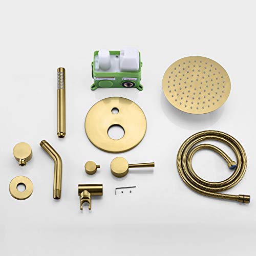 SUMERAIN Brushed Gold Shower Faucet System | with High Pressure 8 Inches Rain Shower Head and Brass Hand Shower, Rough-In Valve Body and Trim Included - color: Brushed Gold, size: 2 Function