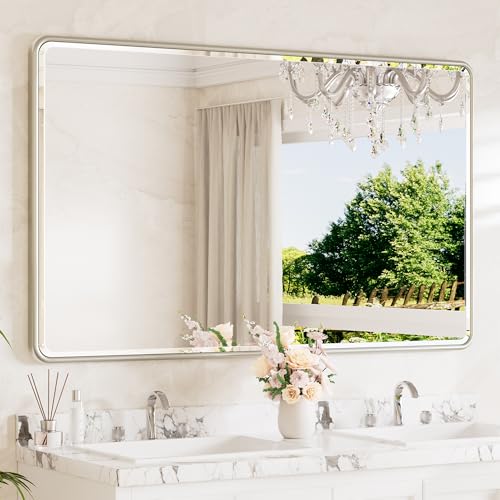 Brushed Nickel Framed Bathroom Mirror 60 x 36 Large Beveled Edge Tempered Glass, Rounded Corner Rectangle Bathroom Mirror for Modern Bathroom, Living Room, Bedroom, Entryway - color: Brushed Nickel, size: 36"L x 60"W