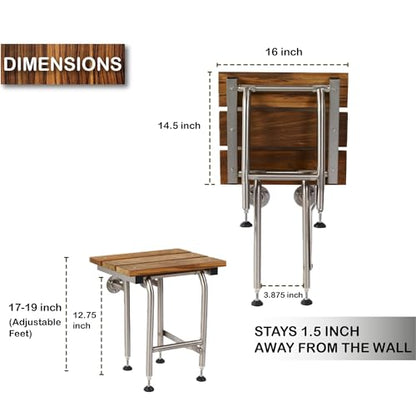 Teak Shower Bench with Legs | Folding Shower Chair for Elderly and Disabled, ADA Folding Shower Seat Wall Mounted Holds Upto 400lbs | 304 Stainless Steel Teak Shower Stool | 16"x16" - size: 16