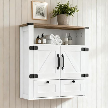 M METERXITY 23.6" W Farmhouse Bathroom Wall Cabinet with Mirror, Wall Mount | Over the Toilet Storage, Wooden Medicine Cabinet with Barn Doors, Space Saver, Kitchen, Laundry, Entrance,White Walnut