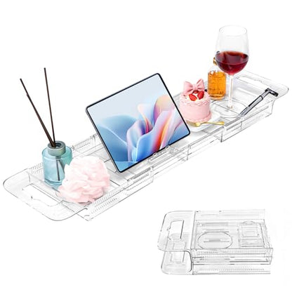 Expandable Clear Acrylic Bathtub Tray Caddy, Foldable Tub Bath Tray with Drain Slots, Slip-Resistant Waterproof Bathroom Shelf Caddy & Home Spa Gift for Women