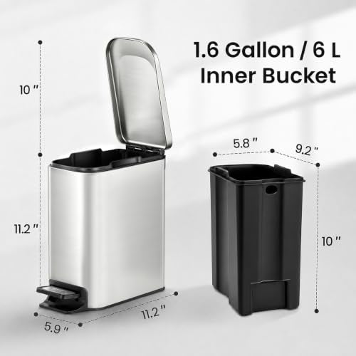 TIPGO Slim Bathroom Trash Can with Lid Soft Close, Step Pedal, 6 Liter / 1.6 Gallon Stainless Steel Garbage Can with Removable Inner Bucket, Anti-Fingerprint Finish (Silver) - color: Silver