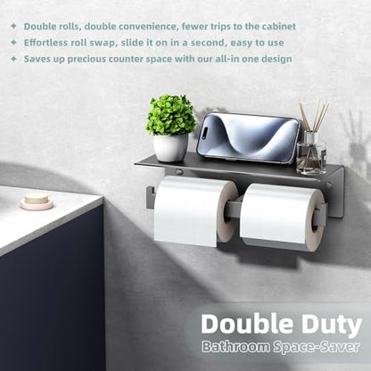Gunmetal Gray Double Toilet Paper Holder with Shelf, 304 Stainless Steel Bathroom Tissue Roll Holder, Wall Mounted Paper Dispenser for Bathroom Kitchen, Fits Mega Rolls - color: Gun Gray, size: Double Rod