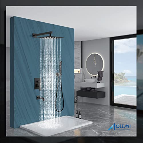 Aolemi Shower Faucet Set with Tub Filler Handheld 10" Head Matte Black | Shower Valve and Trim Kit,Handheld Spray,Tub Spout,Single Handle,SUS304,Bathroom Mixer for Remodeling - color: Black, size: 10 Inch Shower Head