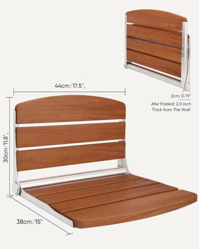 Folding Shower Seat Chair for Inside Shower Wall Mounted for Small Spaces | Teak wood & stainless steel, folds flat to 2", 400lb capacity, safety pinch-proof design for bathroom/sauna/dressing.