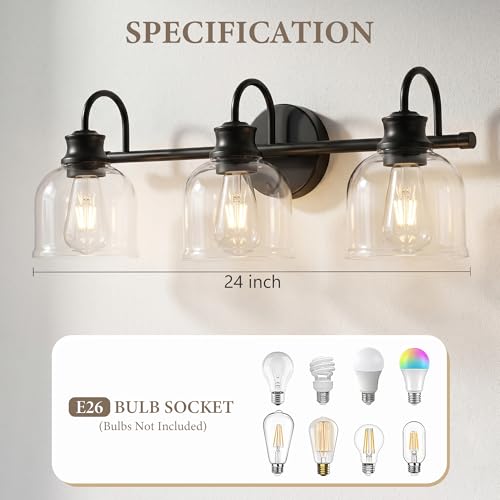 URSOLA 3 Lights 24" Bathroom Vanity Light Fixtures, Matte Black Traditional Classic Vanity Light with Clear Glass, Bathroom Lighting Fixtures Over Mirror - color: Black, size: 3 Lights