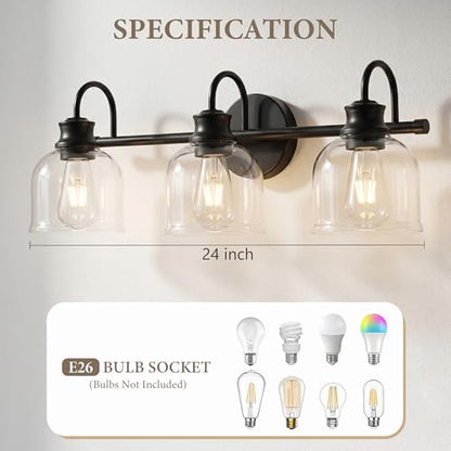 URSOLA 3 Lights 24" Bathroom Vanity Light Fixtures, Matte Black Traditional Classic Vanity Light with Clear Glass, Bathroom Lighting Fixtures Over Mirror - color: Black, size: 3 Lights