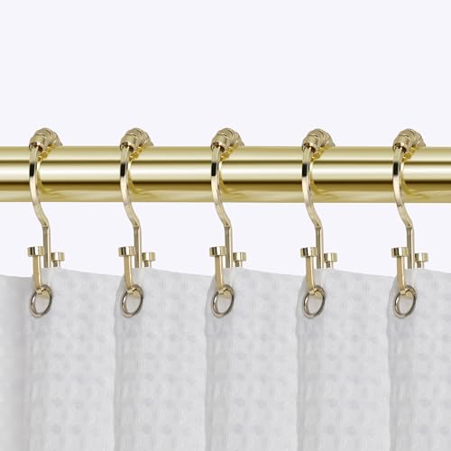 HK1GD Deco Flat Double Roller Shower Curtain Hooks; Gold - Set of 12 - color: Gold
